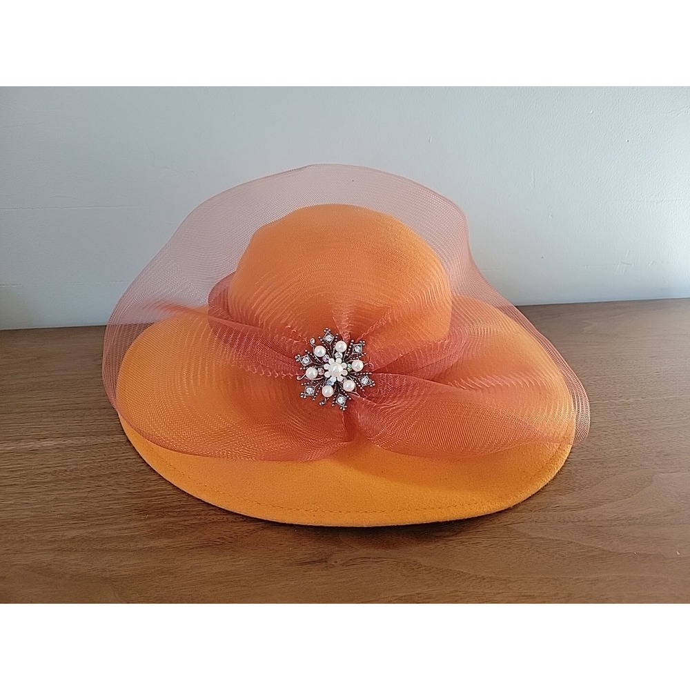 Kathy Jeanne Vintage Orange Wool Felt Cloche Church Hat Brooch W7L 5923 Womens